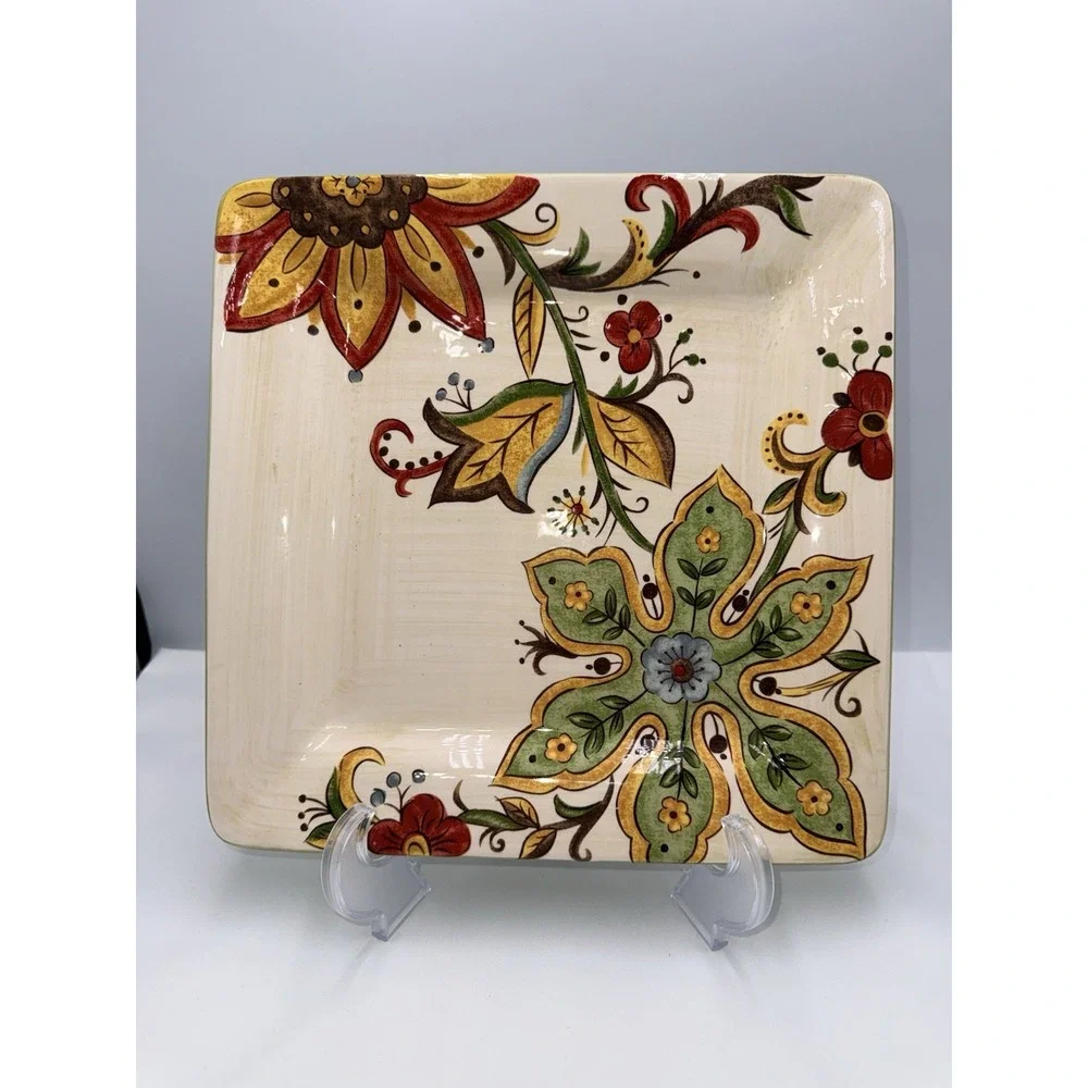 Pier One Carynthum Square Dinner Plates Set Of 4 Floral Design Ceramic 2009